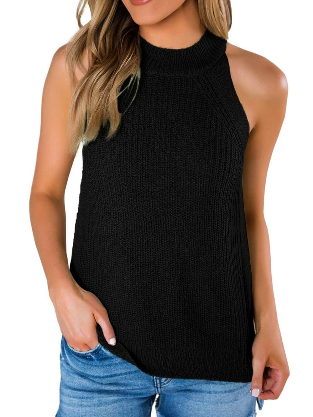Handmade Black Knit Halter Sleeveless Sweater Tunic Tank Top